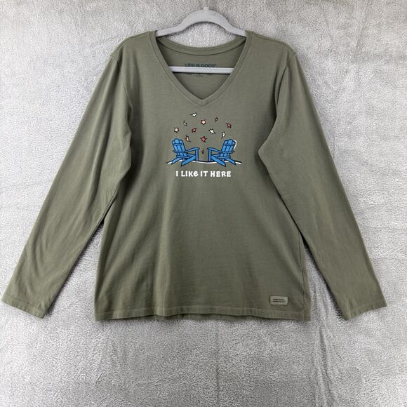 Life is Good Top L Green Long Sleeve Graphic T-Shirt  V-Neck I like It Here Tee - Picture 1 of 10